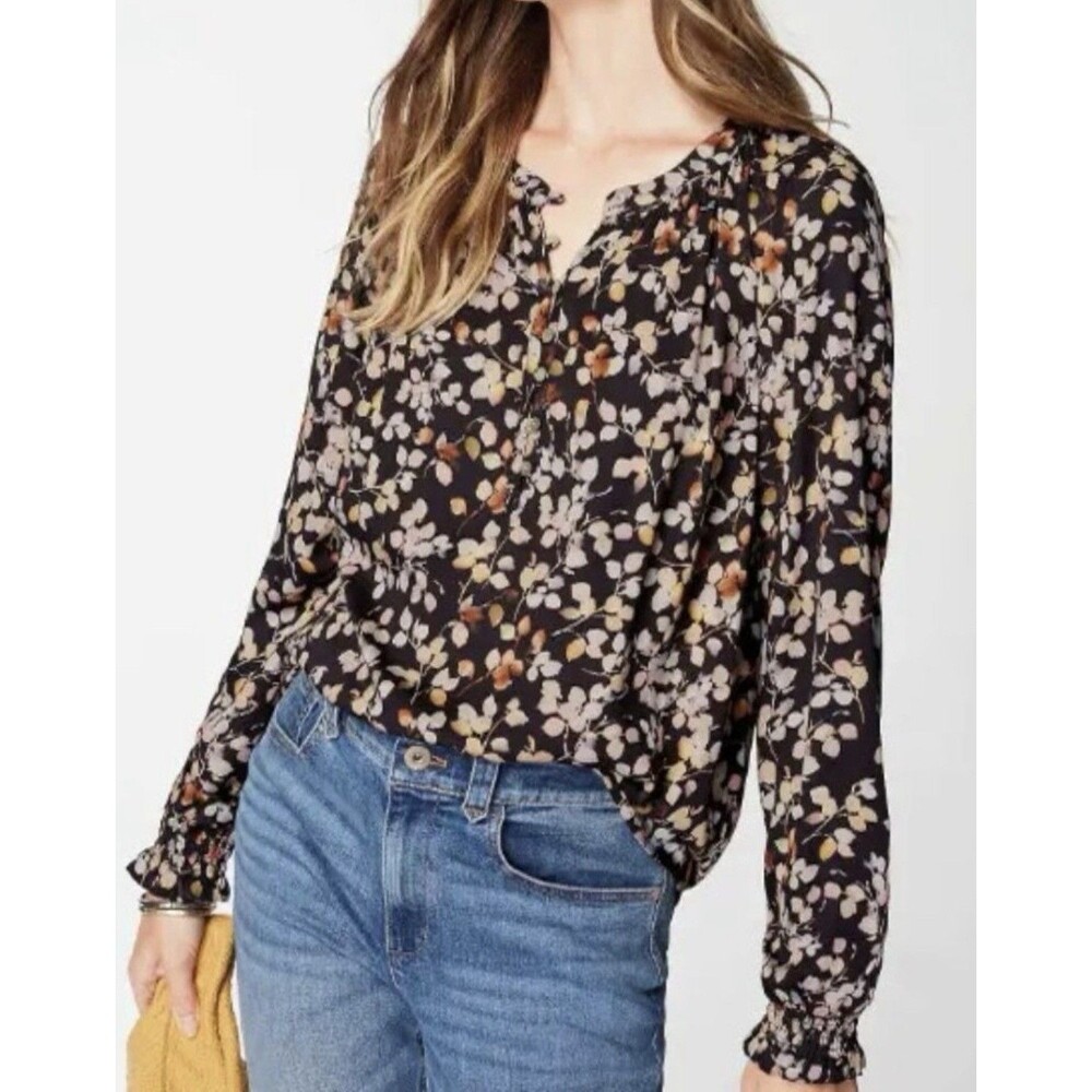 J Jill Black Floral Popover Top L Petite Smocked Wrist Casual Office Boho